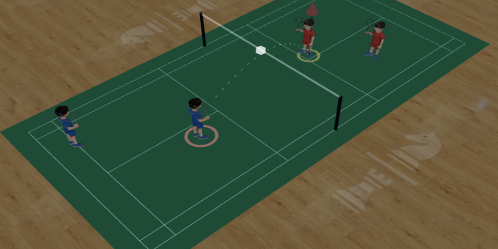 Badminton Board — 3D tactics board showing a doubles drill with player positions and shuttlecock trajectory